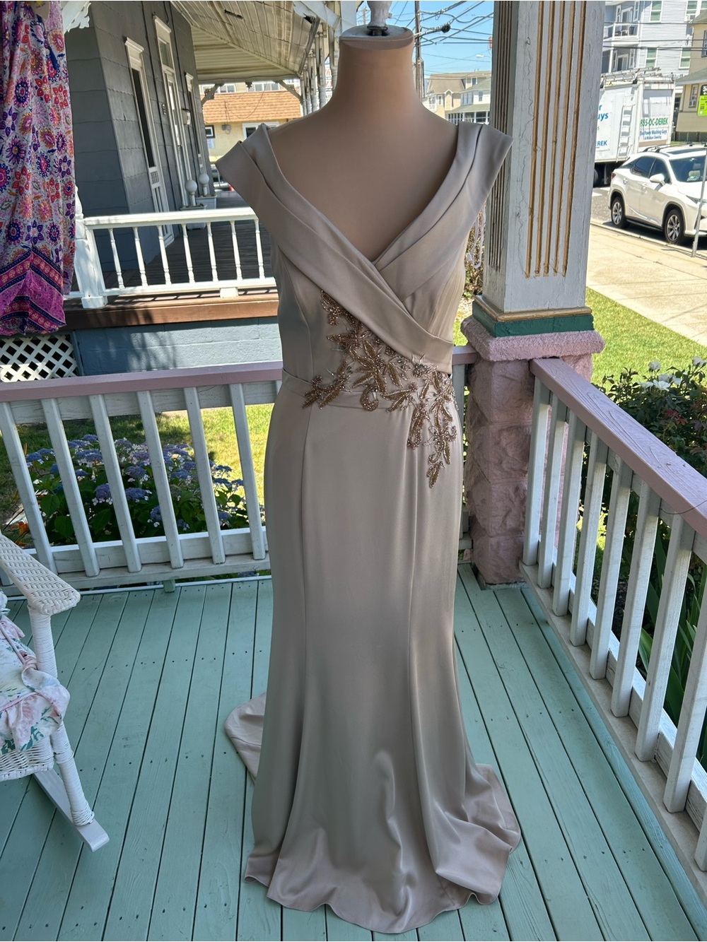 Mon Cheri Champagne Satin Embellished Maxi Dress - Picture 2 of 7